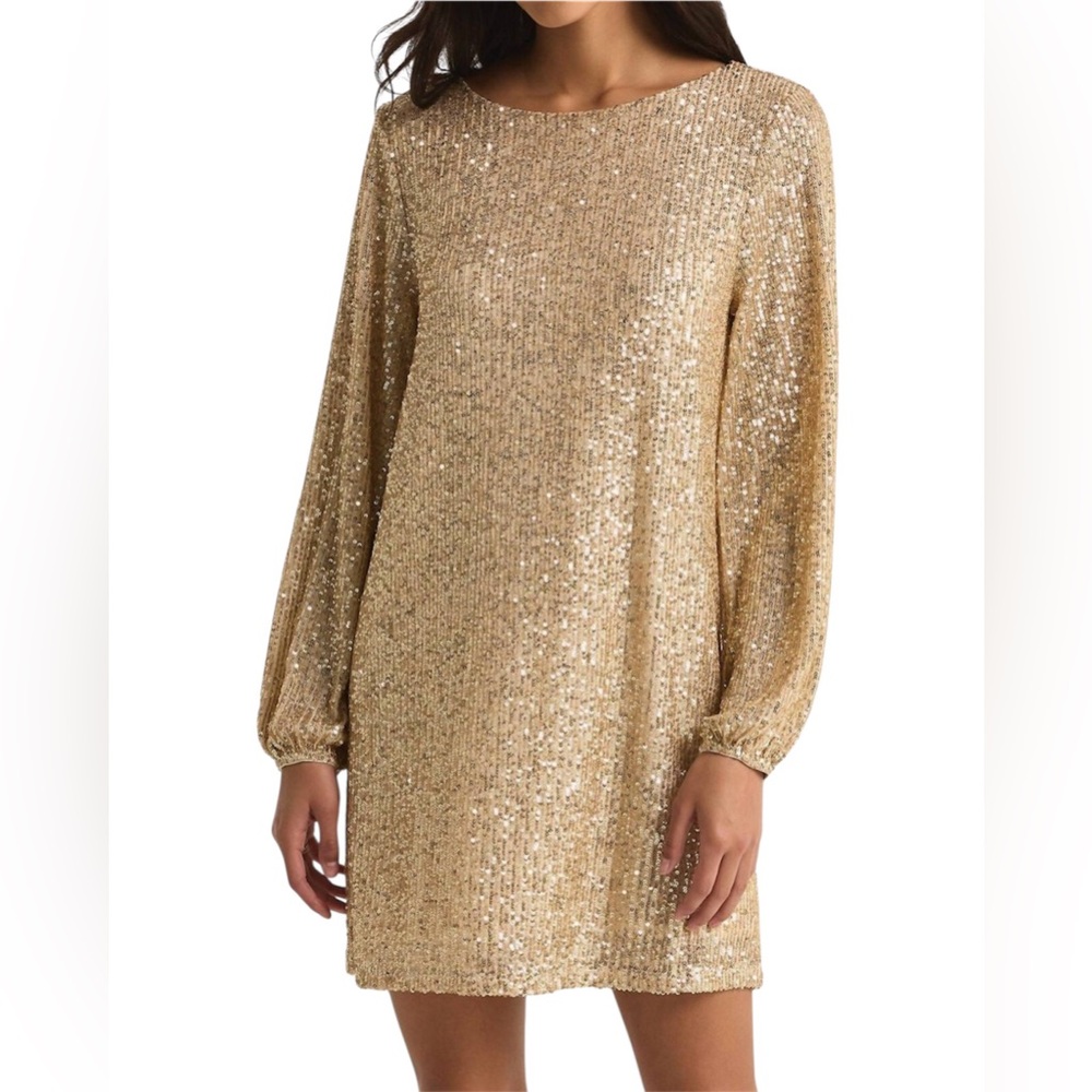Z Supply champagne sequin Bishop Sleeve Cocktail Dress NWT